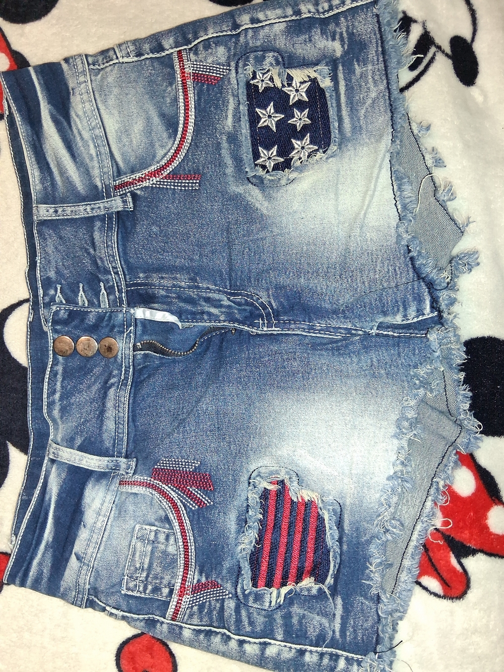 Source Unknown Distressed Blue Denim Shorts with Red & Navy Patch Accents